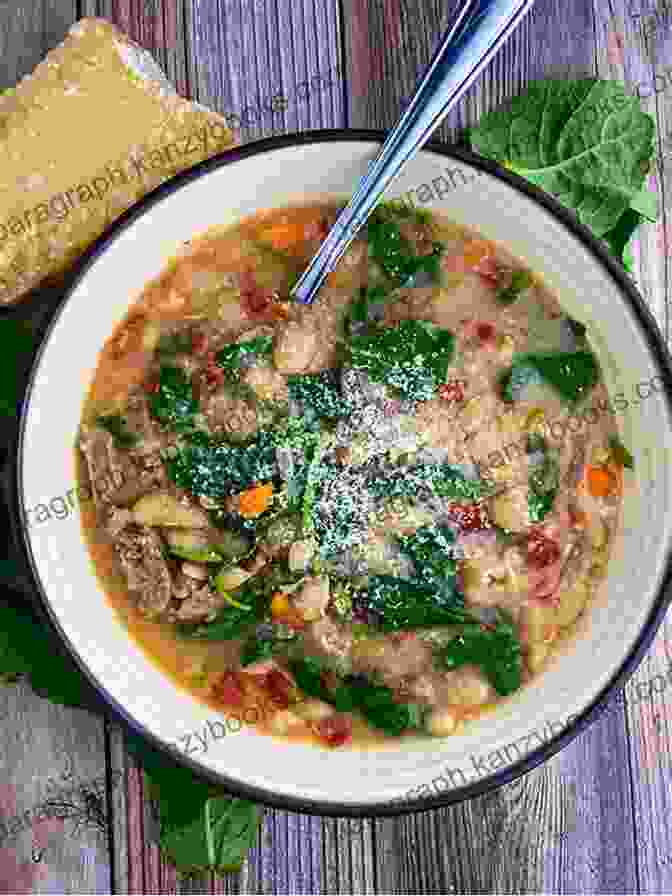 A Steaming Bowl Of Tuscan Kale And Sausage Soup With Parmesan Cheese AUTUMN WINTER COZY DINNER COOKBOOK: The Best Traditional Recipes For Warming Dinners Holiday Roasts A Thanksgiving Turkey Christmas Baking Bread Drinks And More (cocktails Desserts Ideas)